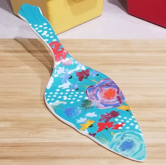 Pioneer Woman Cake Server Blue‎ Red Floral Colorful Stoneware Pie Serveware - Picture 8 of 8